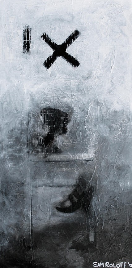 X Marks the Spot - SGR3064 black and white oil painting by portland artist sam roloff