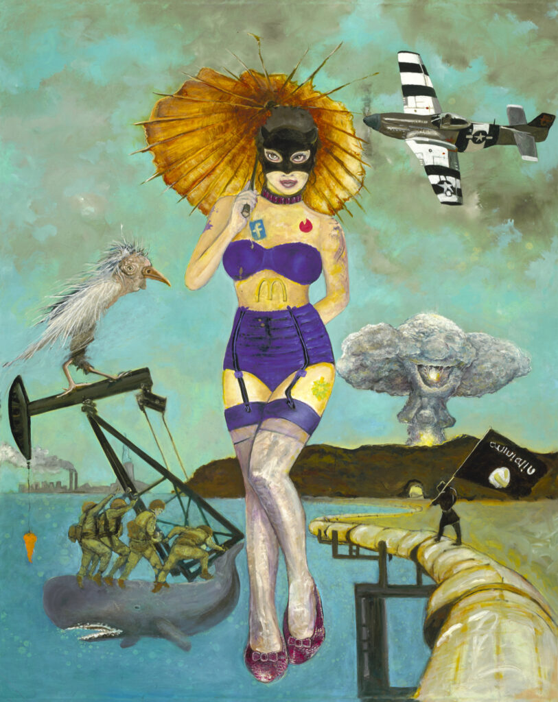 3341 sam roloff painting teal blue, america, oil, wars, gas pipeline, woman with umbrella, cat woman, American eagle, 911 towers, nuclear bomb, oil derrick, dorothy's red slipper
