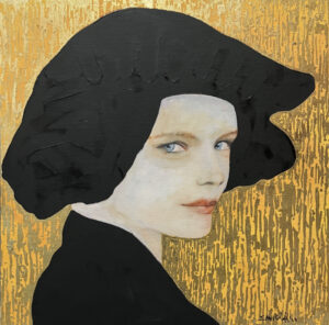 sam roloff artist 2023 gold leaf portrait of woman black hat