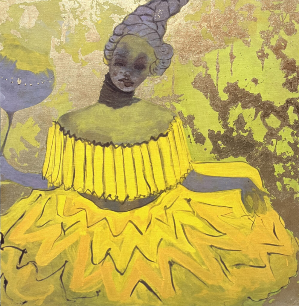 "Prague woman in yellow dress" | 20 x 20 in | Mixed Media with Gold Leaf | 2024 | ID#3548 | Sam Roloff