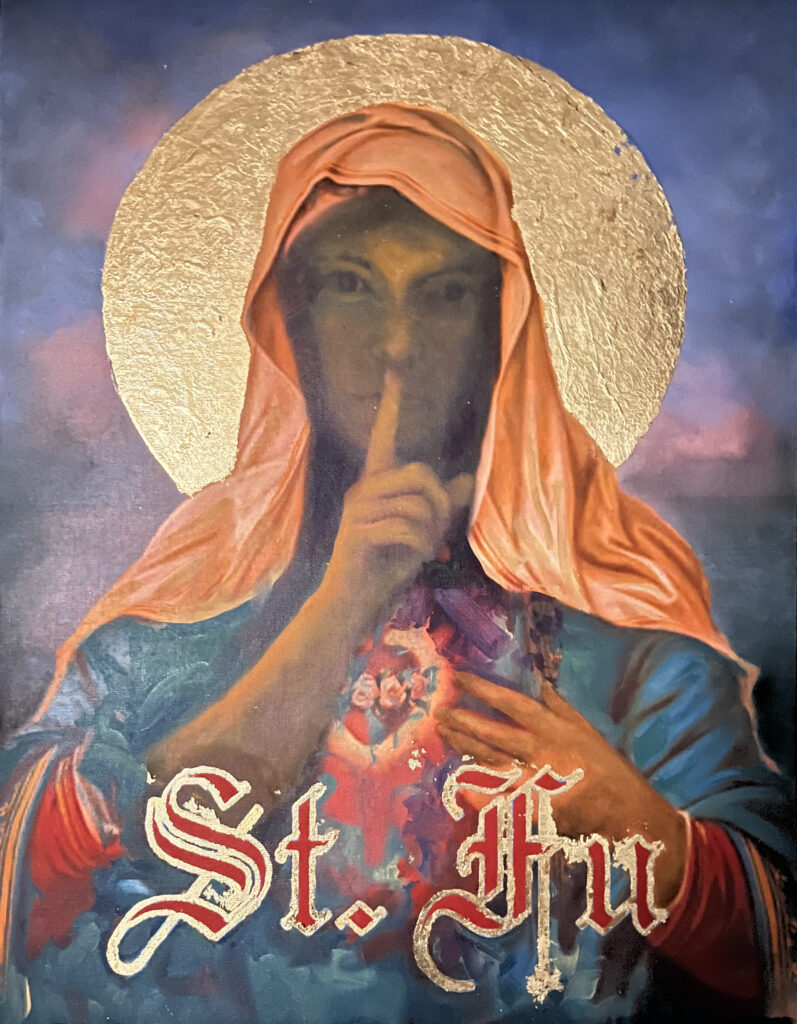 "St. Fu with halo" Sam Roloff 2024 Mixed Media Gold Leaf